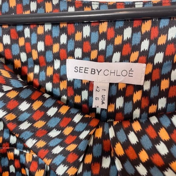 See By Chloe Womens 100% Silk Geometric Blouse Multicolor 6 3/4 Sleeve Pleated - Picture 3 of 7